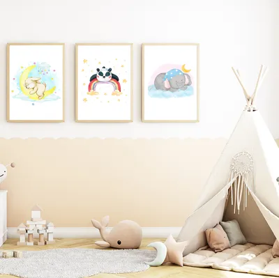 Produktbild von Schlafende Tiere 3er Set Kinderzimmer Bilder DIN A4 Poster Babyzimmer Wandbilder Dekoration - Hase Panda Elefant