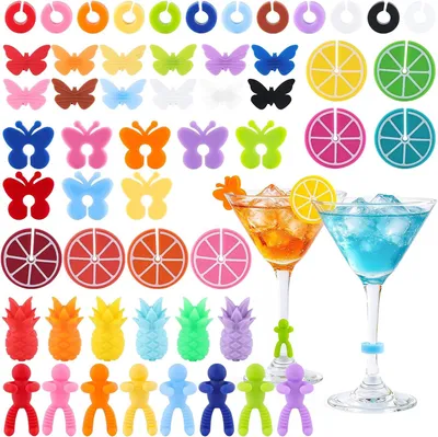 Immagine prodotto di Marcatori per bicchieri in silicone - Set da 54 - Marcatori riutilizzabili per bicchieri da vino