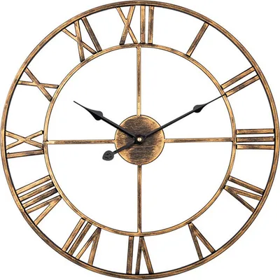 A close-up shot of a large, vintage-style metal wall clock with Roman numerals.