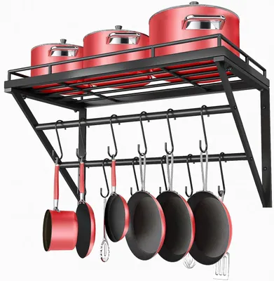 Produktbild von Küchenregal Pfannenregale, 60 cm, Metall, wandmontiertes Pfannenregal, Küchenregal, Organizer mit 2 Schienen, 12 Haken