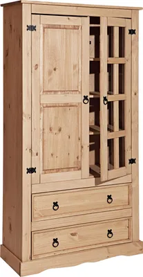 Produktbild von Möbilia Vitrine | 2 Türen, 2 Schubladen | Kiefer-Holz honigfarbig | B 100 x T 41 x H 190 cm | 19020032 | Serie SCHRANK