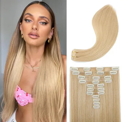 Immagine prodotto di Estensione per capelli a clip, set da 11 pezzi, lunghezza 61 cm, colore biondo dorato con riflessi, materiale sintetico