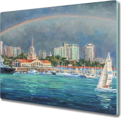 Produktbild von Coloray Hackbrett Herdabdeckplatte 60x52 cm Küchenbrett Kochplattenabdeckung Schneidebrett - Hafen von Schiffen Regenbogen