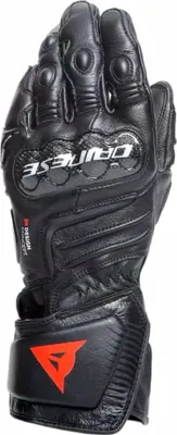 A black motorcycle glove is shown against a white background.