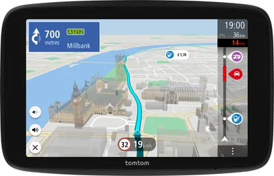 A TomTom navigation device displaying a map with a route.