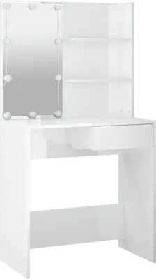 A white vanity table with a mirror and shelves, illuminated by LED lights.