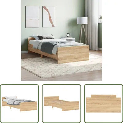 A bedroom scene with a bed, rug, and wall art, along with close-up shots of the bed frame.