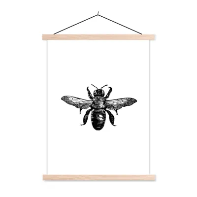 Produktbild von MuchoWow® Textilposter Biene - Insekt - Vintage - Schwarz und weiß 60x80 cm mit holzfarbenen Rahmen - Wandbild