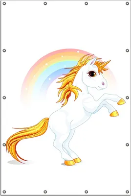 Produktbild von Wallario Outdoor-Poster für Garten oder Balkon, Motiv Weißes Einhorn vor einem Regenbogen, in ca. 120 x 180 cm