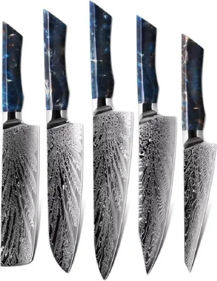 Produktbild von Set von Damast Küchenmessern Seiryuu – Blau | 5-teiliges Messerset KP37606