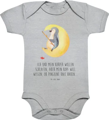 Produktbild von Mr. & Mrs. Panda Strampler Pinguin Mond 3. - 6. Monat - Heather Grey - Geschenk, Gästezimmer, Baby, Schlafzimmer, Spruch, Einteiler, Babystrampler, babykleidung body
