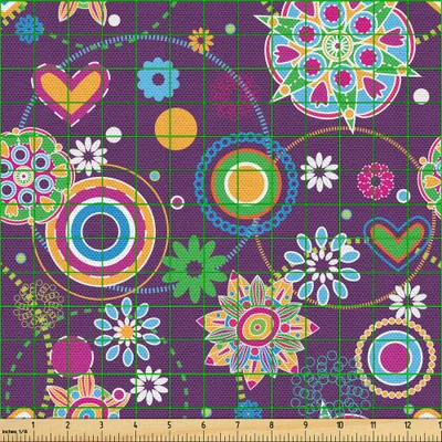 Produktbild von ABAKUHAUS Hippie Gewebe als Meterware, Sechziger-Stil-Illustration mit Frieden und Liebe Themen Herzen Blumen und Kreise, 2 M (148 x 200 cm), Mehrfarbig