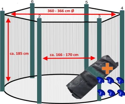 Produktbild von walexo Trampolin Sicherheitsnetz für 6 Stangensystem ( 366 Ø, Schwarz/Grün )