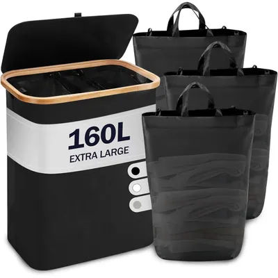 Produktbild von Wäschekorb mit Deckel 3 Fächer 160L faltbar Bambus Schwarz 57x37x74cm