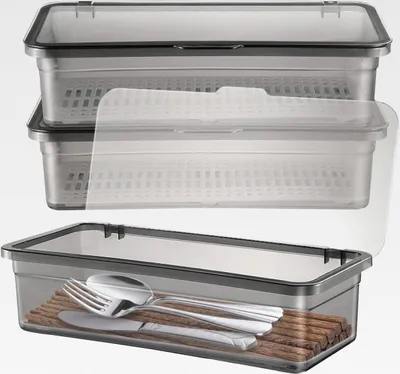 Produktbild von 3-Teiliges Besteckkasten Mit Deckel, Aus Lebensmittelechtem Kunststoff Besteckkasten Mit Abtropffläche Aufbewahrungsbox Besteck Organizer Für Küchenutensilien Schubladen Und Arbeitsplatte
