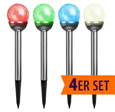 Produktbild von Solarlampen für außen aus Edelstahl mit Glaskugel in Bruchglas-Optik und warm-weißem und RGB LED Licht, inkl. Erdspieß (4er Set, RGBW))