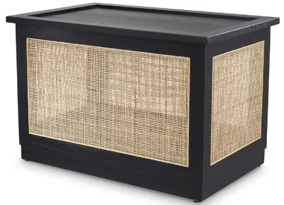Obrázok produktu pre Casa Padrino luxusná truhlica s vekom čierna / prírodné farby 72 x 46 x v. 48 cm - Truhlica z masívneho dreva s ratanovým výpletom - Luxusný nábytok