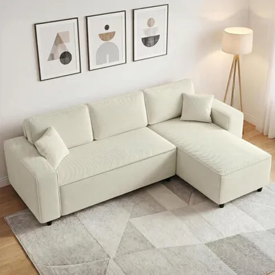 Produktbild von Sweiko 3-Sitzer-Sofa mit Chaiselongue, Wohnzimmercouch mit Cordbezug, 2 Extra-Kissen, Polstersofa, Cremeweiß