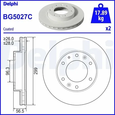 Produktbild von 2x DELPHI Bremsscheibe BG5027C für HYUNDAI H350 Kasten H350 Bus 56 5mm 299mm