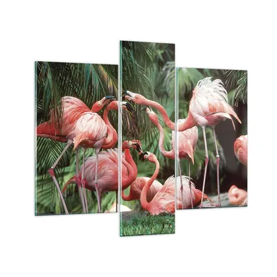 Produktbild von Bilder auf glas - 3 Teile - Palmen Herde Flamingos - 95x80cm - Glasbilder - Wandbilder - Bilder - zum Aufhängen bereit - Wanddekoration aus Glas - Glas Bilder - Wandbild auf Glas - GCB95x80-4804