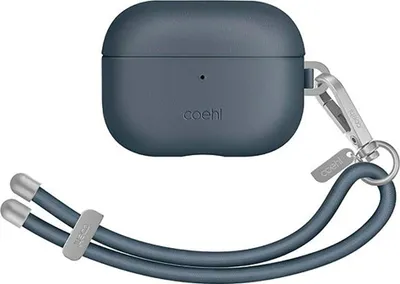 A dark blue AirPods Pro 2 case with a silver lanyard.