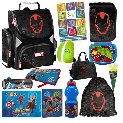 Produktbild von Goldkids - Schulranzen für Jungen, 13er-Set - Schul-Rucksack für Kinder mit Federmäppchen - Schuhbeutel Brotdose und Trinkflasche - Avengers