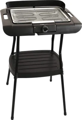 A black electric grill with a silver grill grate and a black shelf, shown on a white background.