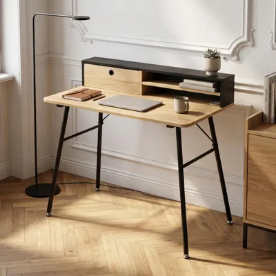 Produktbild von Schreibtisch 'Var' mit 2 Fächern und 1 Schublade 93 x 90 x 50 cm Metallgestell Schwarz/Eicheoptik