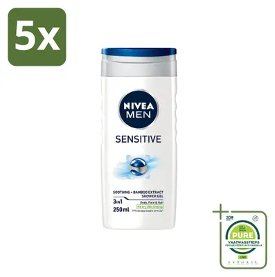 Immagine prodotto di 5 confezioni di gel doccia NIVEA MEN Sensitive, idratante, da 250 ml ciascuna, confezione grande (5 pezzi)