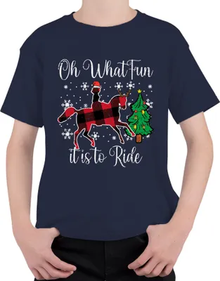 Produktbild von Oh What Fun Tis To Ride Weihnachten Pferd Rentier Buffalo Plaid Uni Kinder T-Shirt, Navy, 104