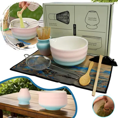 Produktbild von Matcha Set - 8 Stück Matcha Besen Tea Set, Matcha-Schale mit Ausgießer, Bambus Matcha Whisk, Schaufel, Sieb