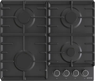 A top-down view of a black gas stovetop.