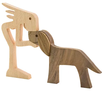 Productafbeelding van Handgesneden houten hond beeldje - uniek standbeeld voor decoratie