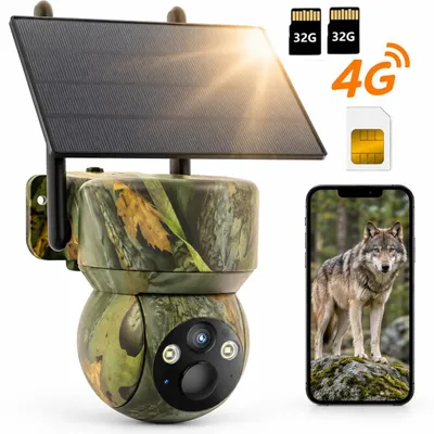 Zdjęcie produktu dla Kamera dzika z transmisją 4G LTE, karta SIM, rozdzielczość 2K, zasilanie solarne, przesył danych przez aplikację na telefon, bezprzewodowa kamera monitoringu, akumulator, do użytku zewnętrznego, kolorowy tryb nocny, z kartą pamięci 64G