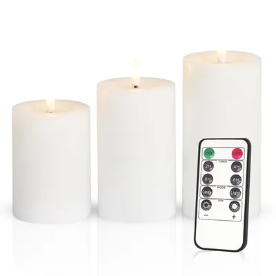 Produktbild von Meisterhome® 3er-Set Flammenlose LED Kerzen Rustik mit Timer Weiß Stumpenkerze Fernbedienung Batteriebetrieben Warmweiß echten Wachs Dekoration