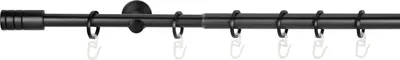 A black curtain rod with rings, shown horizontally against a white background.