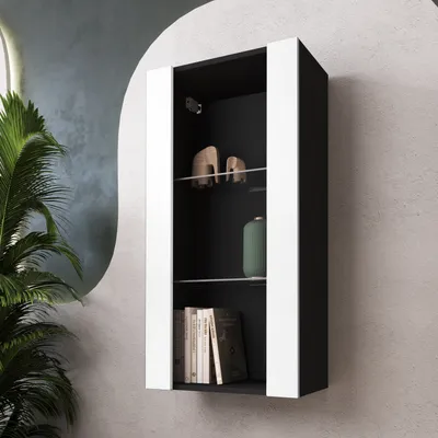Produktbild von Komodee, Hängende Vitrine Schrank Tivoli, Weiß/Schwarz, Breite 50cm x Höhe 100cm 50cm x Tiefe 29cm, 2 Regalböden, für Wohnzimmer, Schlafzimmer, Eingang