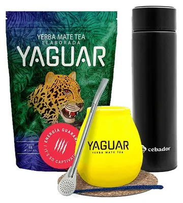 Produktbild von Yaguar - Yerba Mate Tee Set Guarana 500g - LED Thermoskanne 480ml - Gelber Keramik Mate Becher 350ml - Bombilla - Rauchgetrocknet, Mild - Brasilien