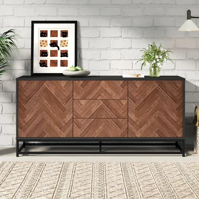 Zdjęcie produktu dla Fortuna Lai 145*40*67 cm Szafka do salonu, nowoczesna komoda z 3 szufladami, 2 drzwiami, szerokość 145 cm, szafka pomocnicza z metalową ramą, kredens z regulowanymi przegrodami, kolor drewna + czarny