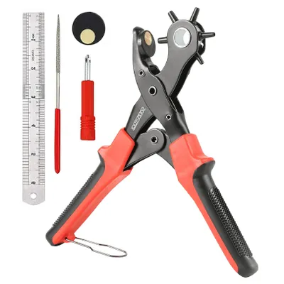 Produktbild von Professionelle SolidStock Lochzange für Gürtel - mit Maßband - Lochzange für Leder - Revolverlochzange - Revolverzange - Gürtellochzange - Rot