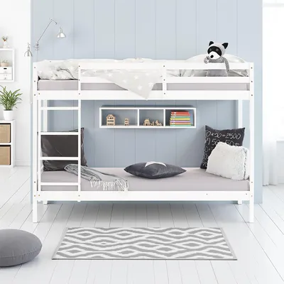 A child's bedroom with a white bunk bed.