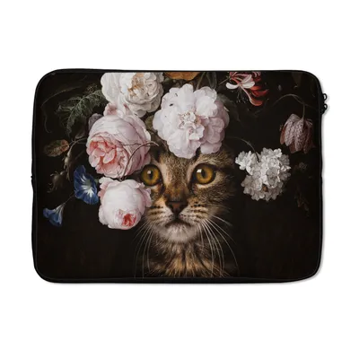 Produktbild von MuchoWow® Laptop Hülle 14 ZollKatze - Blumen - Kunst Laptoptasche - Laptoptasche - Stoßsicher - Schutzhaube