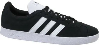 A studio shot of a black Adidas sneaker with white stripes.