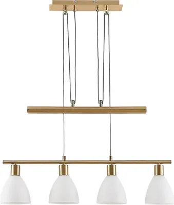 A modern pendant light with a brass-colored frame and four white glass shades.