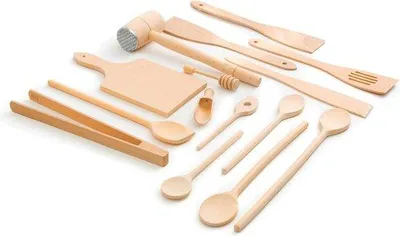 Produktbild von Famanu Küchengeräteset 15-teilig - Beukenholz - Holzlöffel - Spatel - Honiglöffel - Grillzange - Schneidebrett - Fleischklopfer - Kräuterlöffel