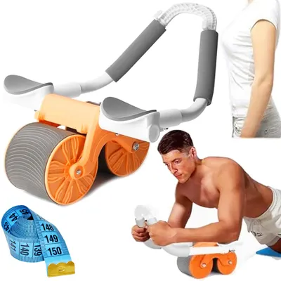 Produktbild von Automatisches Bauchmuskel-Roller-Trainingsrad mit Armstütze, Smartphone-Halterung und 150 cm Maßband, Blau