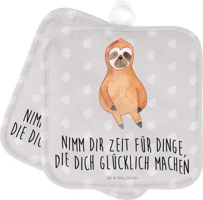 Produktbild von Mr. & Mrs. Panda Topfuntersetzer Faultier Zufrieden - Grau Pastell - Geschenk, topfhalter, Happy, Ruhe, Kochlappen, Topflappen, Faultiere, Set, Ofenlappen, Glück