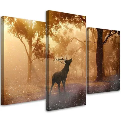 Produktbild von Triptychon auf leinwand hirsche bei sonnenaufgang 120x80 cm Feeby braun wandbild bereit zum aufhängen