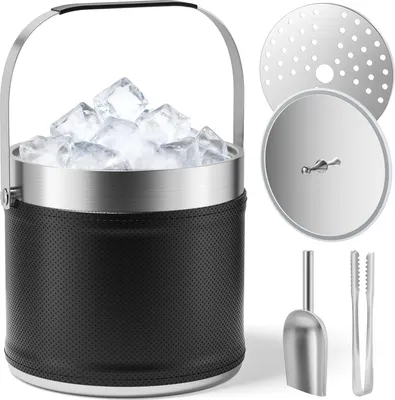 Produktbild von Eiswürfelbehälter 3,2 l - Doppelt isolierter Eiseimer aus Edelstahl - Deckel und Schaufel - Abtropfsieb für Schmelzwasser - Lederdesign - Schwarz