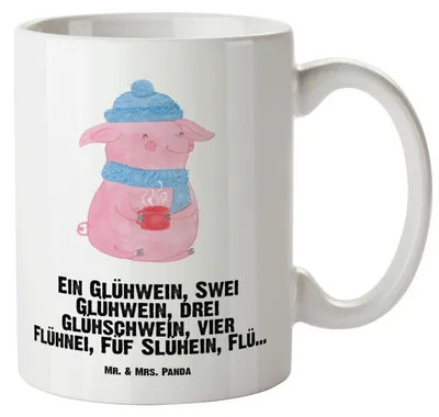 Produktbild von Mr. & Mrs. Panda Keramiktasse Schweinchen Glühwein - Weiß - Geschenk, Spruch, Kaffeepott, Heiligabend, großer, Große Teetasse, Betrunken, Weihnachtsmarkt, Henkelbecher
